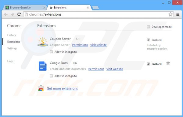 Removing browser guardian ads from Google Chrome step 2