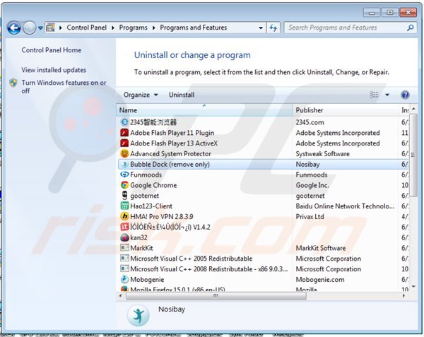 bubble dock adware uninstall via Control Panel