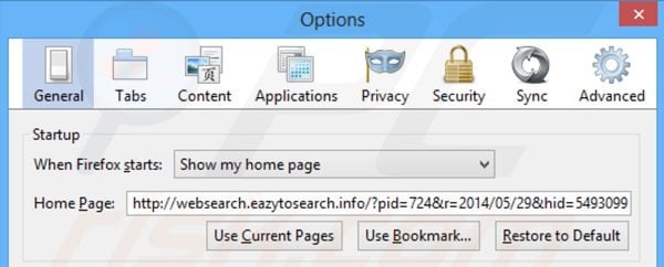 Removing websearch.eazytosearch.info from Mozilla Firefox homepage