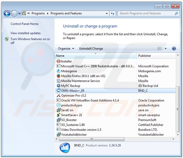 omg music adware uninstall via Control Panel