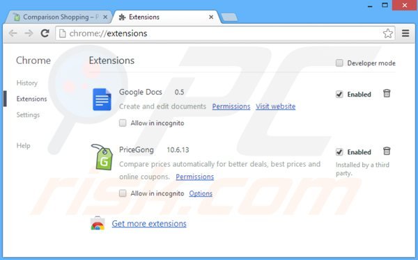 Removing pricegong ads from Google Chrome step 2
