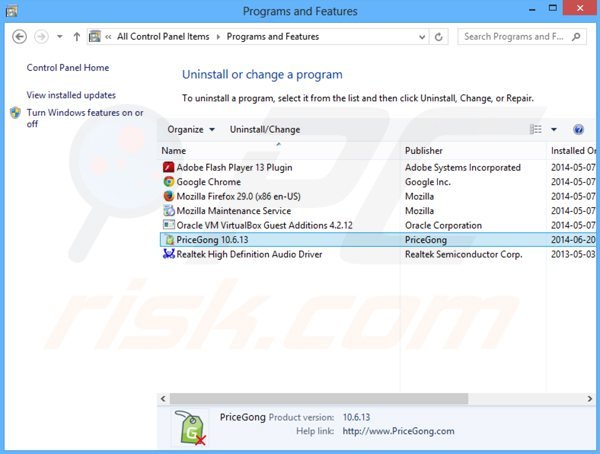 pricegong adware uninstall via Control Panel