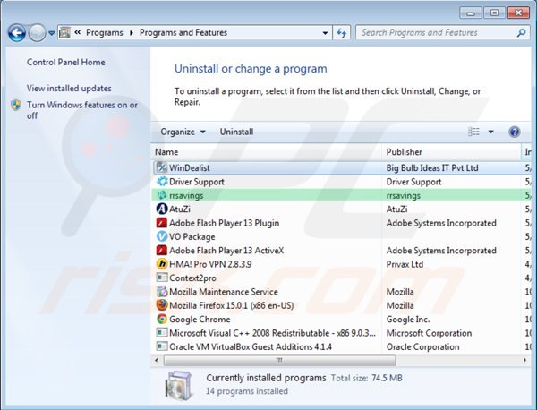 rrsavings uninstall via Control Panel