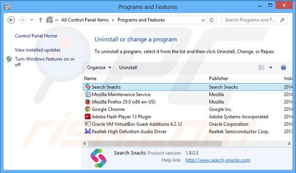 search snacks uninstall via Control Panel