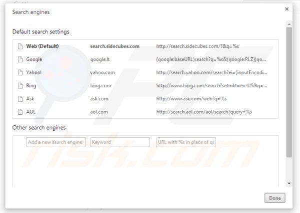 Removing search.sidecubes.com from Google Chrome default search engine