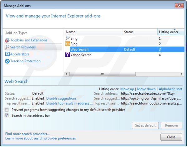 Removing search.sidecubes.com from Internet Explorer default search engine