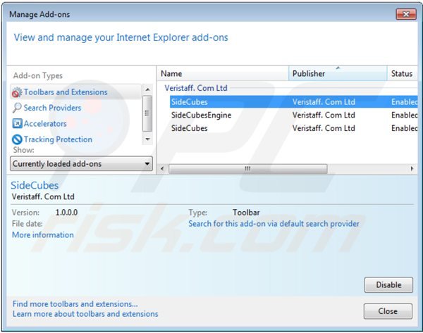 Removing search.sidecubes.com related Internet Explorer extensions