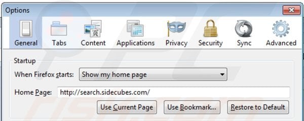 Removing search.sidecubes.com from Mozilla Firefox homepage