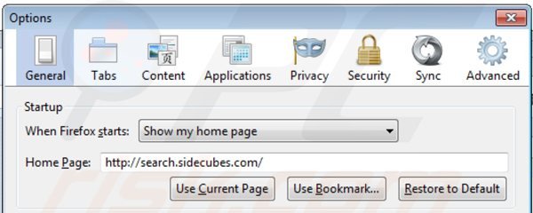 Removing search.sidecubes.com from Mozilla Firefox homepage