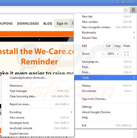 Removing we-care from Google Chrome step 1