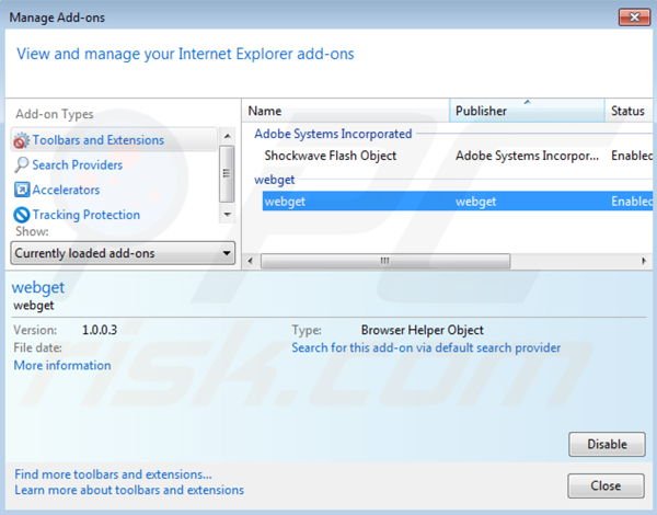Removing webget from Internet Explorer step 2