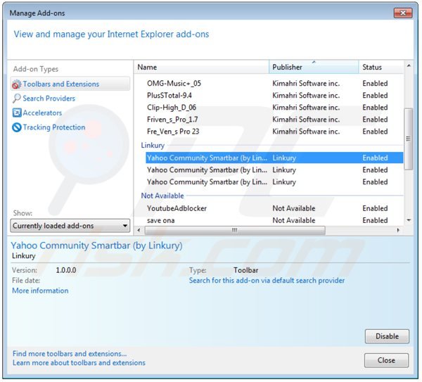 Removing yahoo community smartbar from Internet Explorer extensions