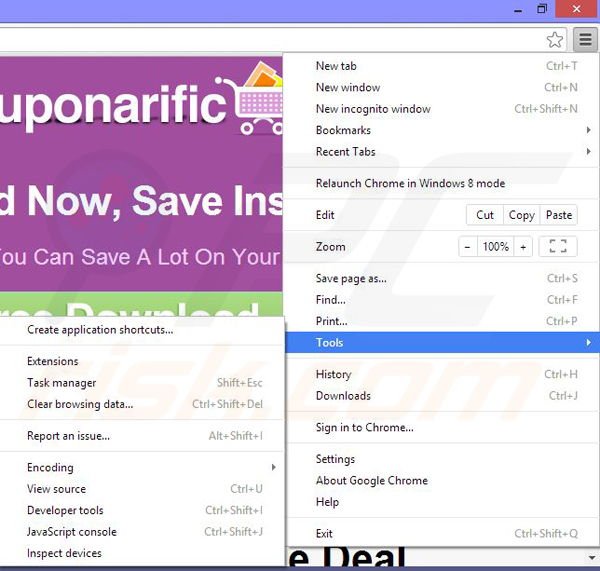 Removing Couponarific ads from Google Chrome step 1