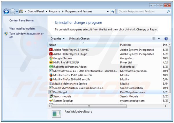 passwidget adware uninstall via Control Panel