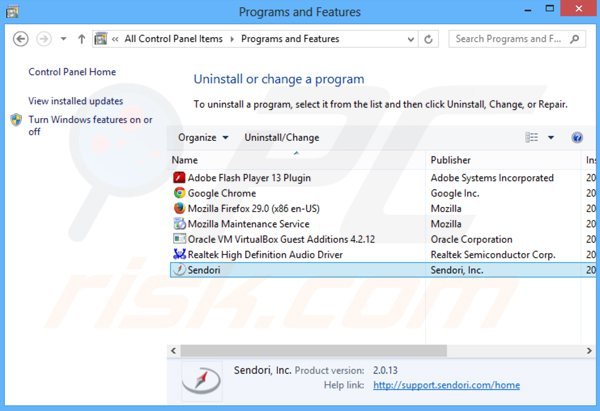 sendori adware uninstall via Control Panel