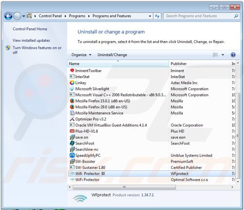 wifi protector adware uninstall via Control Panel