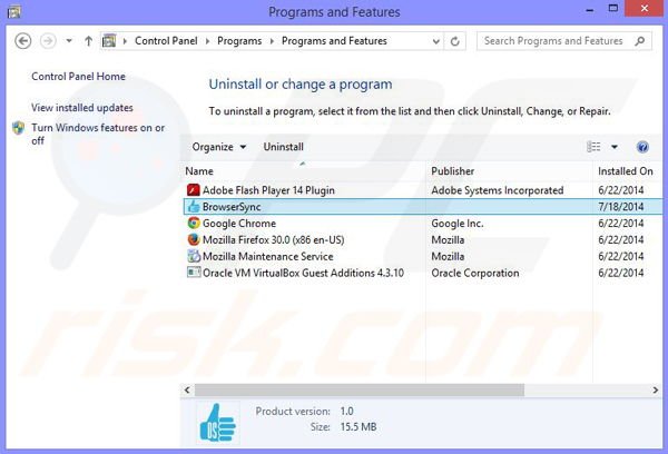 BrowserSync adware uninstall via Control Panel