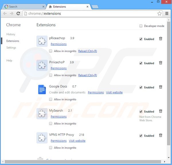 Removing websearch.flyandsearch.info related Google Chrome extensions