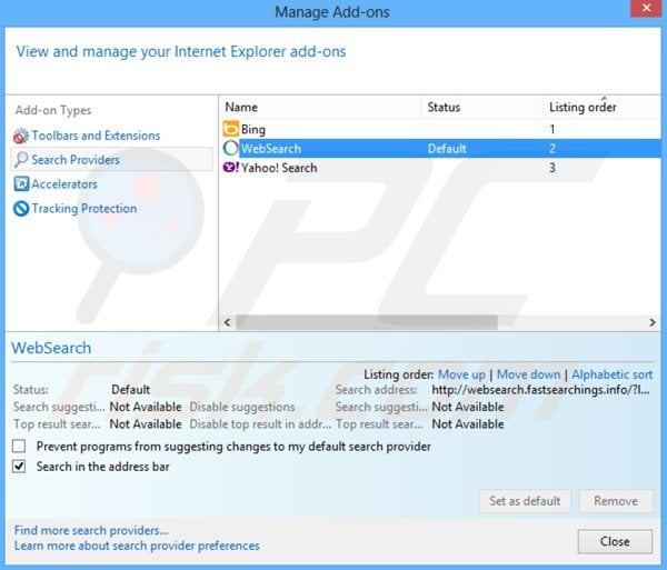 Removing websearch.flyandsearch.info from Internet Explorer default search engine
