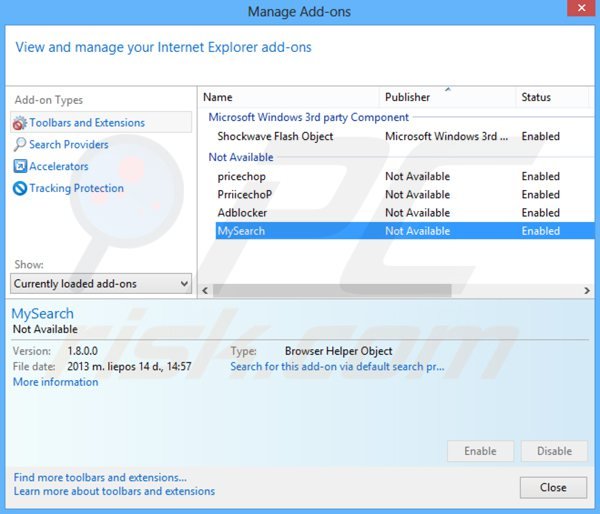 Removing websearch.flyandsearch.info related Internet Explorer extensions
