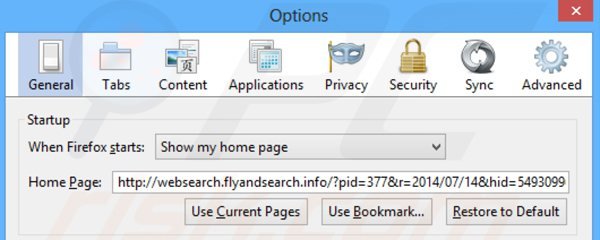 Removing websearch.flyandsearch.info from Mozilla Firefox homepage