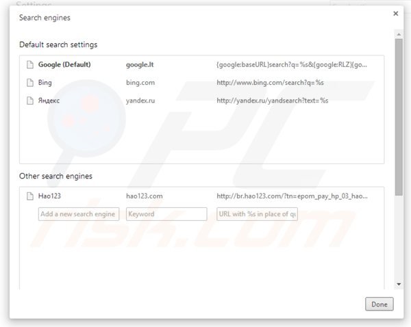 Removing hao123.com from Google Chrome default search engine