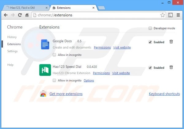 Removing hao123.com related Google Chrome extensions