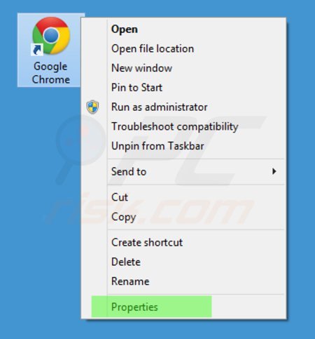 Removing istart123.com from Google Chrome shortcut target step 1