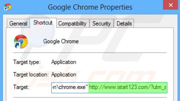 Removing istart123.com from Google Chrome shortcut target step 2