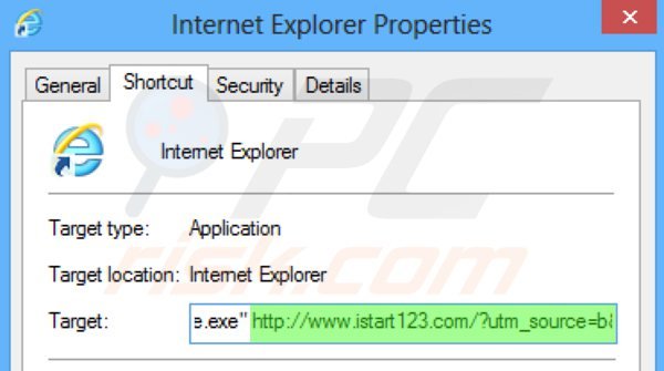 Removing istart123.com from Internet Explorer shortcut target step 2