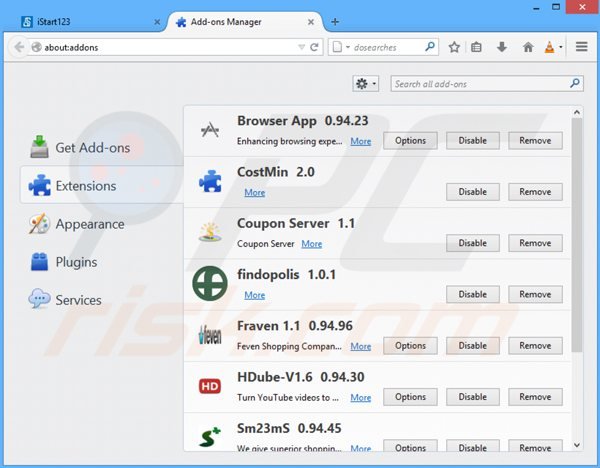 Removing istart123.com related Mozilla Firefox extensions