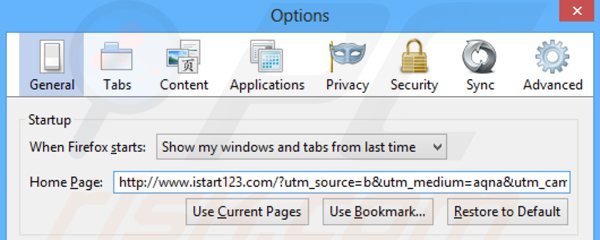 Removing istart123.com from Mozilla Firefox homepage