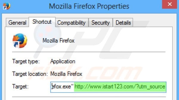 Removing istart123.com from Mozilla Firefox shortcut target step 2