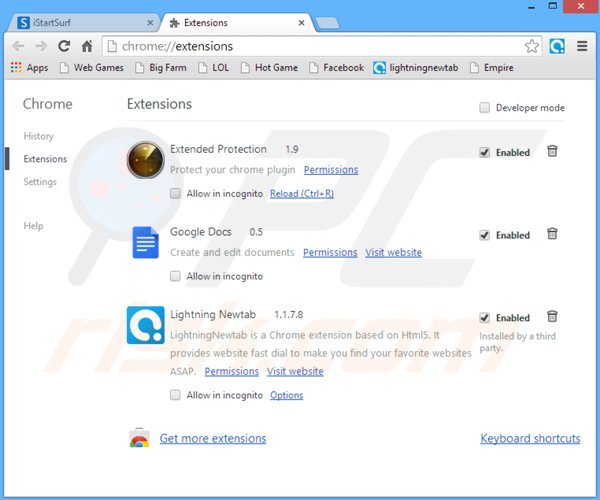 Removing istartsurf.com related Google Chrome extensions
