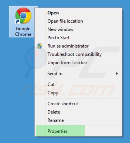 Removing istartsurf.com from Google Chrome shortcut target step 1