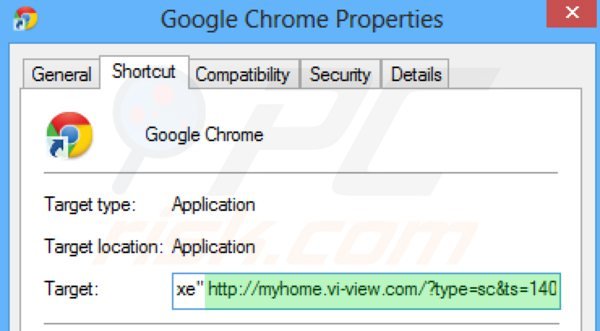Removing myhome.vi-view.com from Google Chrome shortcut target step 2
