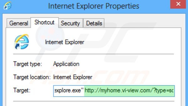 Removing myhome.vi-view.com from Internet Explorer shortcut target step 2
