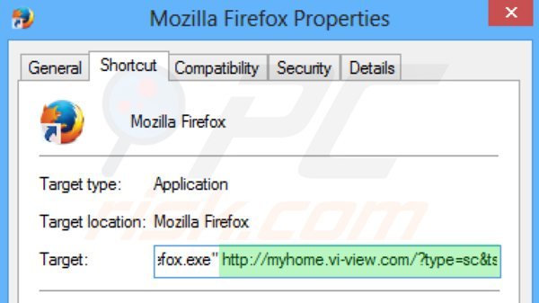 Removing myhome.vi-view.com from Mozilla Firefox shortcut target step 2