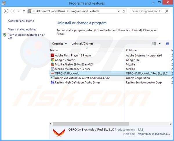 obrona blockads adware uninstall via Control Panel