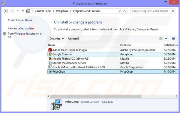 PriceChop adware uninstall via Control Panel