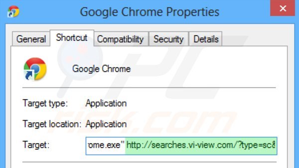 Removing searches.vi-view.com from Google Chrome shortcut target step 2