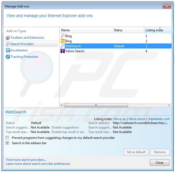 Removing websearch.wonderfulsearches.info from Internet Explorer default search engine