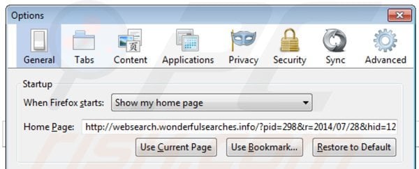 Removing websearch.wonderfulsearches.info from Mozilla Firefox homepage