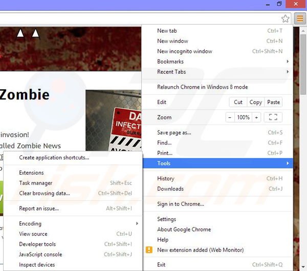 Removing Zombie News ads from Google Chrome step 1