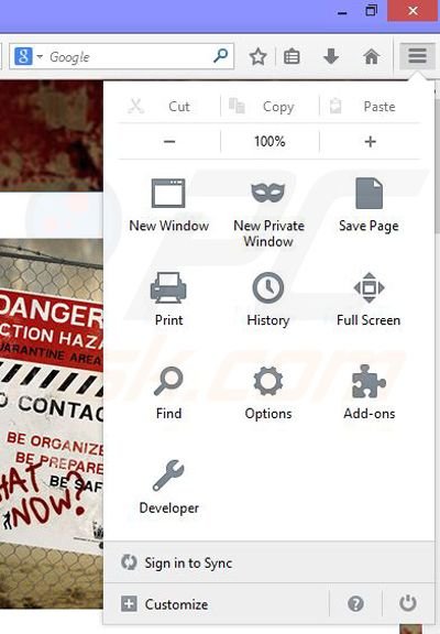 Removing Zombie News ads from Mozilla Firefox step 1