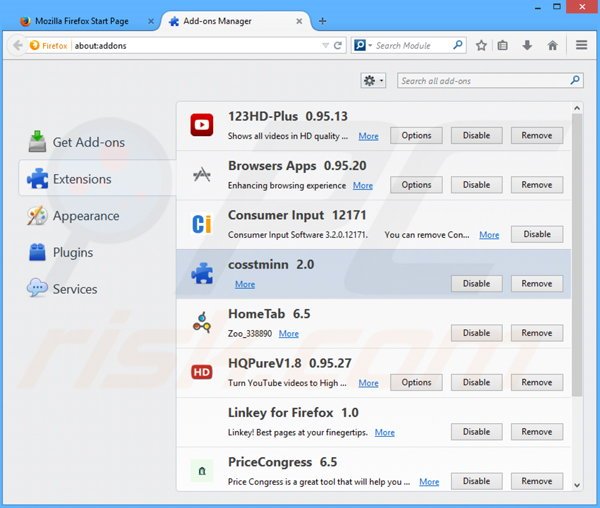 Removing cosstminn ads from Mozilla Firefox step 2