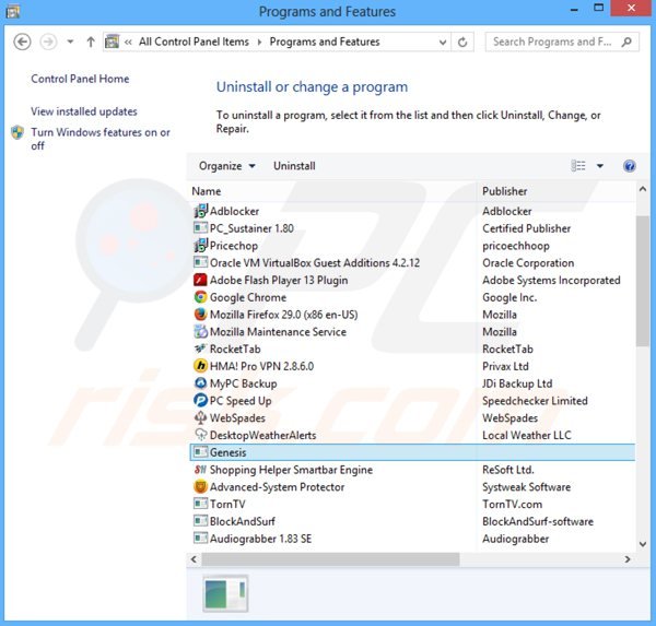 genesis adware uninstall via Control Panel
