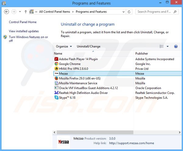 mezaa adware uninstall via Control Panel