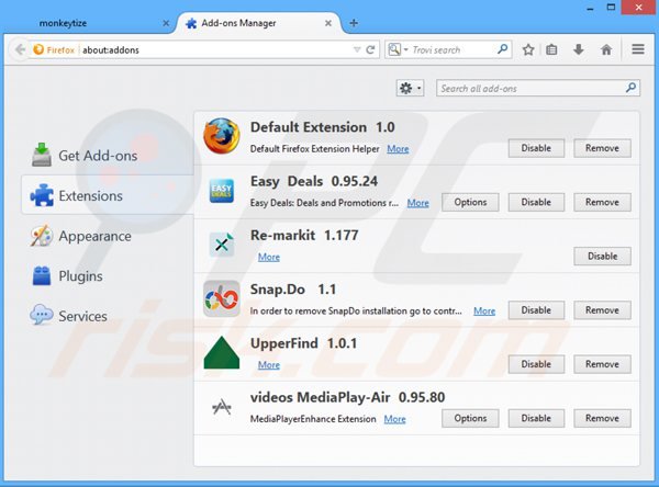 Removing monkeytize ads generating plugins from Mozilla Firefox step 2