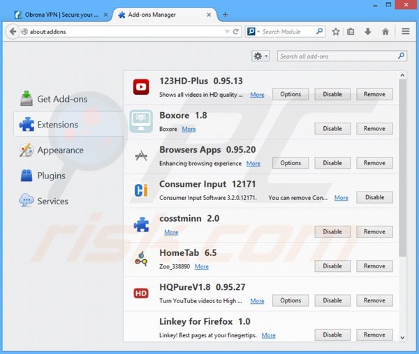 Removing obrona vpn from Mozilla Firefox step 2